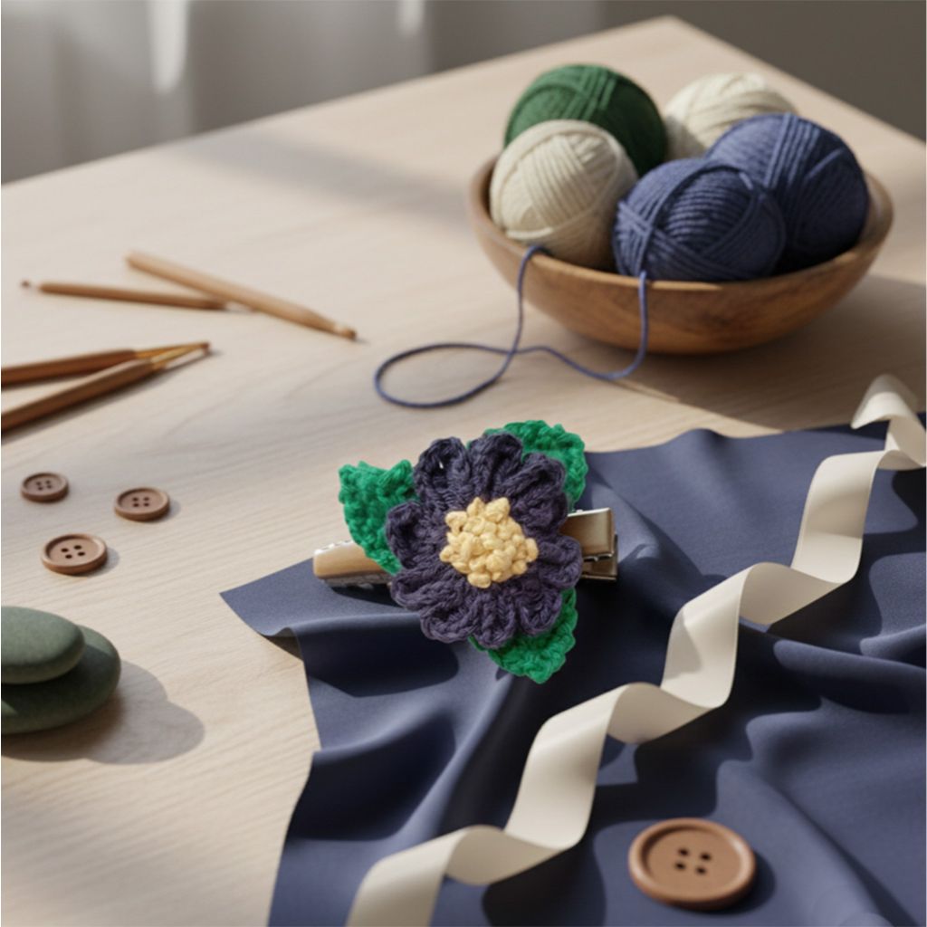 Clip de pelo azul oscuro – Margarita de ganchillo hecha a mano