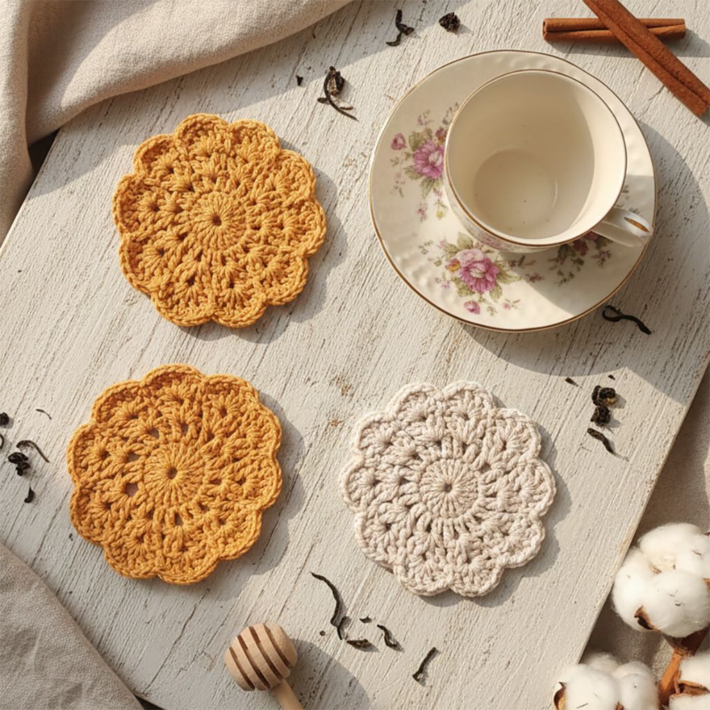 Set de 4 posa vasos flor a ganchillo – Hechos a mano