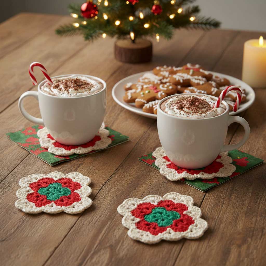 Set de 4 posa vasos granny navideños a ganchillo – Hechos a mano