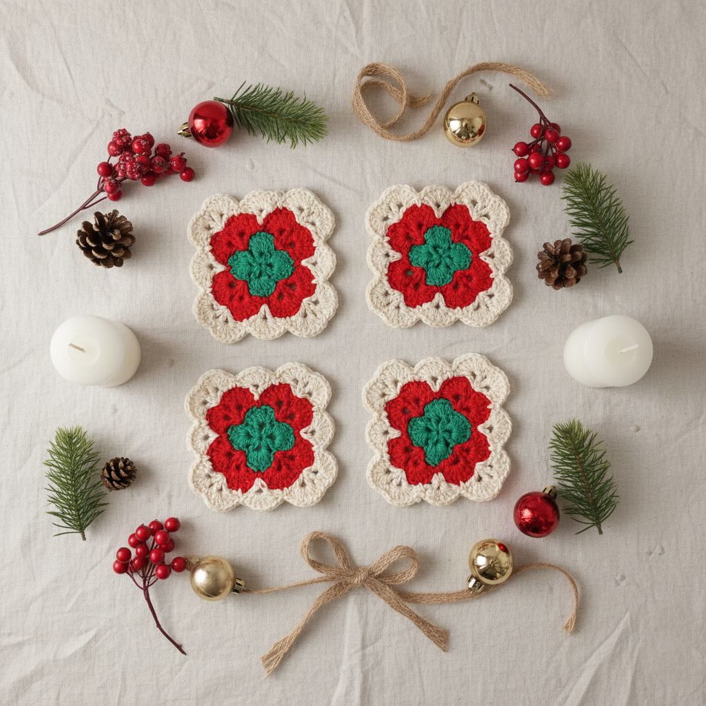 Set de 4 posa vasos granny navideños a ganchillo – Hechos a mano