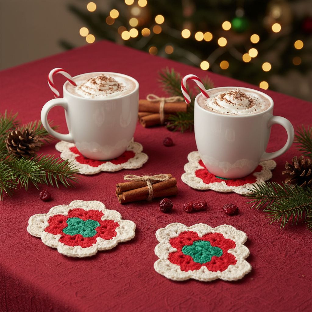 Set de 4 posa vasos granny navideños a ganchillo – Hechos a mano