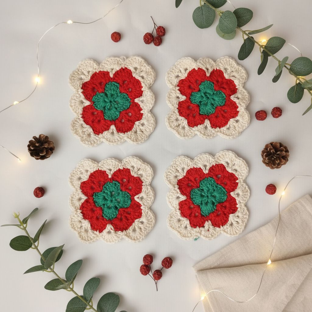 Set de 4 posa vasos granny navideños a ganchillo – Hechos a mano